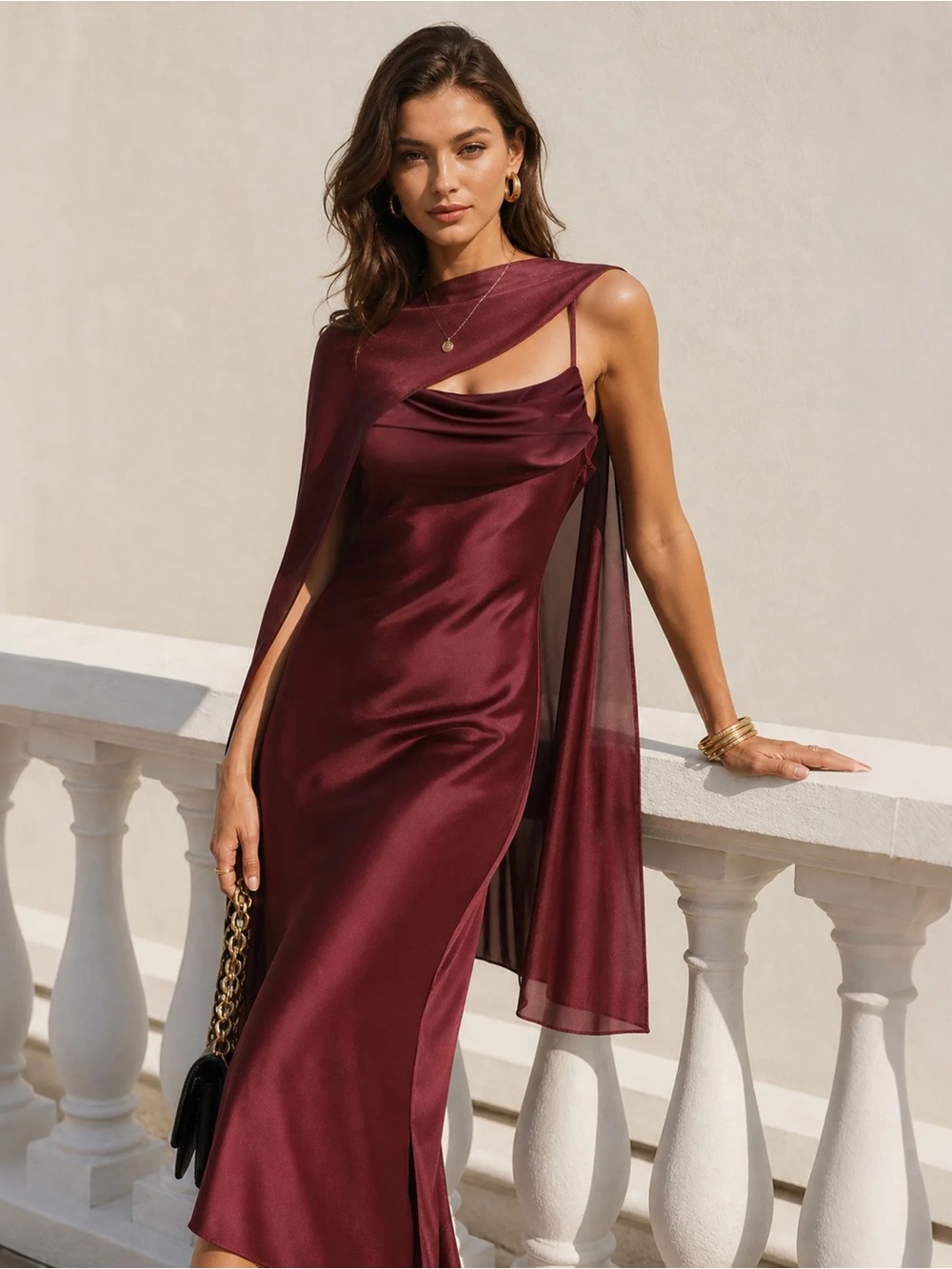 RIHOAS Burgundy Satin Dress with Draped Sheer Cape